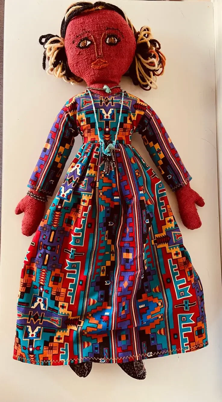 Handmade Boho Folk Art Beaded Red Purple & Blue Embroidered Yarn Hair Cloth Doll